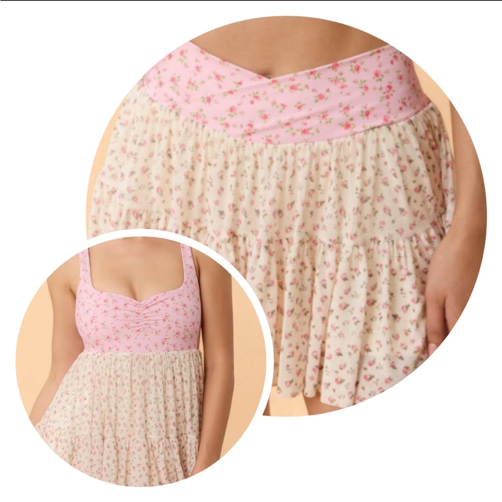 2 pcs Blogilates Women's Sweetheart Babydoll Dress - & Skort Cream Floral Medium